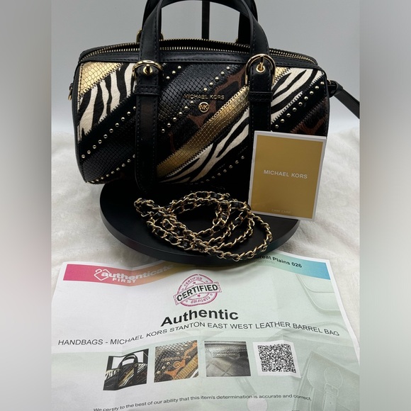 Michael Kors Stanton Medium East West Leather Barrel Messenger Black Multi. - Picture 14 of 16